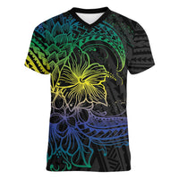 Floral Polynesian Hibiscus Tattoo Women V-Neck T-Shirt Green Gradient Style