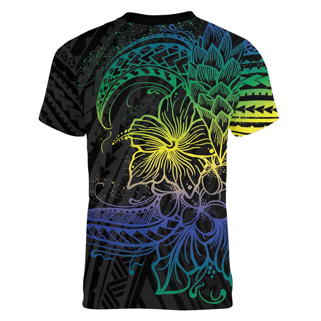 Floral Polynesian Hibiscus Tattoo Women V-Neck T-Shirt Green Gradient Style