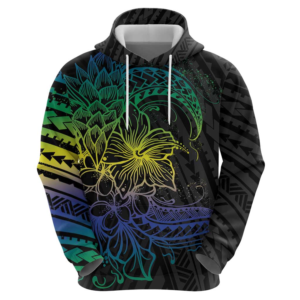 Floral Polynesian Hibiscus Tattoo Zip Hoodie Green Gradient Style LT9 - Polynesian Pride