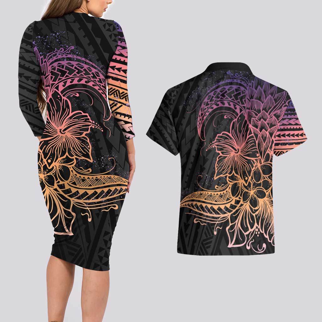 Floral Polynesian Hibiscus Tattoo Couples Matching Long Sleeve Bodycon Dress and Hawaiian Shirt Peach Gradient Style