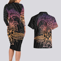 Floral Polynesian Hibiscus Tattoo Couples Matching Long Sleeve Bodycon Dress and Hawaiian Shirt Peach Gradient Style