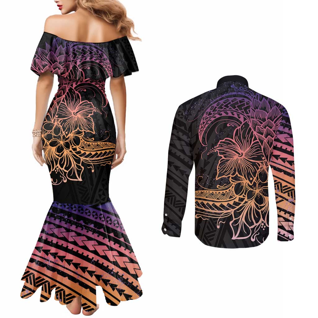 Floral Polynesian Hibiscus Tattoo Couples Matching Mermaid Dress and Long Sleeve Button Shirt Peach Gradient Style