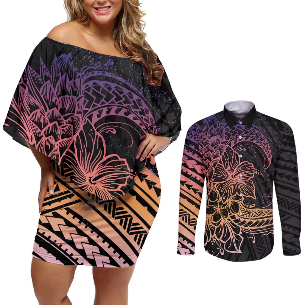 Floral Polynesian Hibiscus Tattoo Couples Matching Off Shoulder Short Dress and Long Sleeve Button Shirt Peach Gradient Style