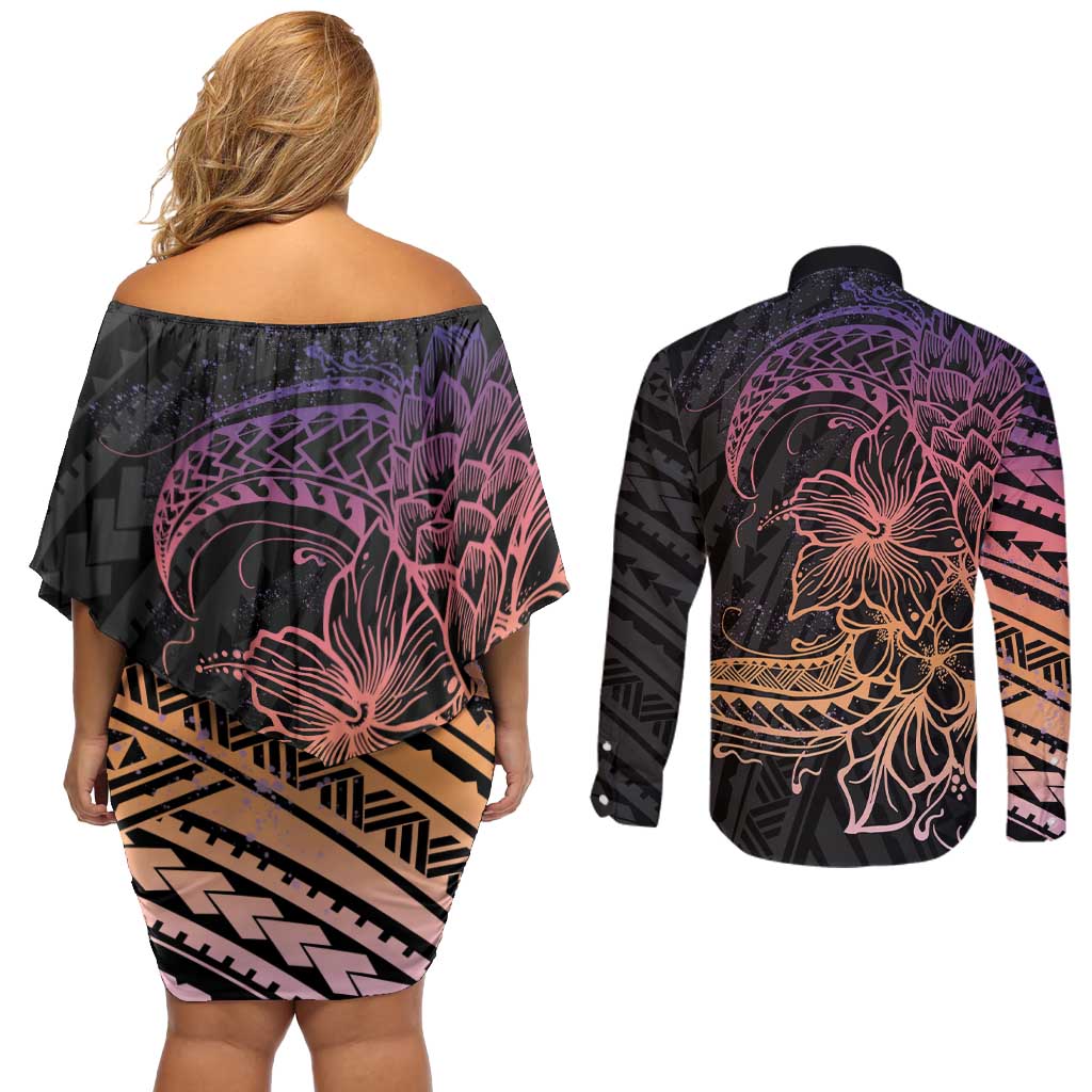 Floral Polynesian Hibiscus Tattoo Couples Matching Off Shoulder Short Dress and Long Sleeve Button Shirt Peach Gradient Style
