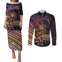 Floral Polynesian Hibiscus Tattoo Couples Matching Puletasi and Long Sleeve Button Shirt Peach Gradient Style