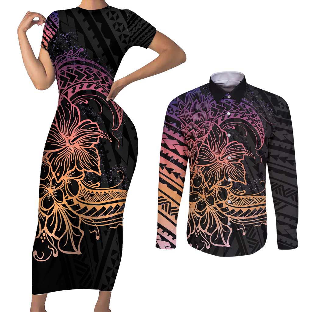 Floral Polynesian Hibiscus Tattoo Couples Matching Short Sleeve Bodycon Dress and Long Sleeve Button Shirt Peach Gradient Style