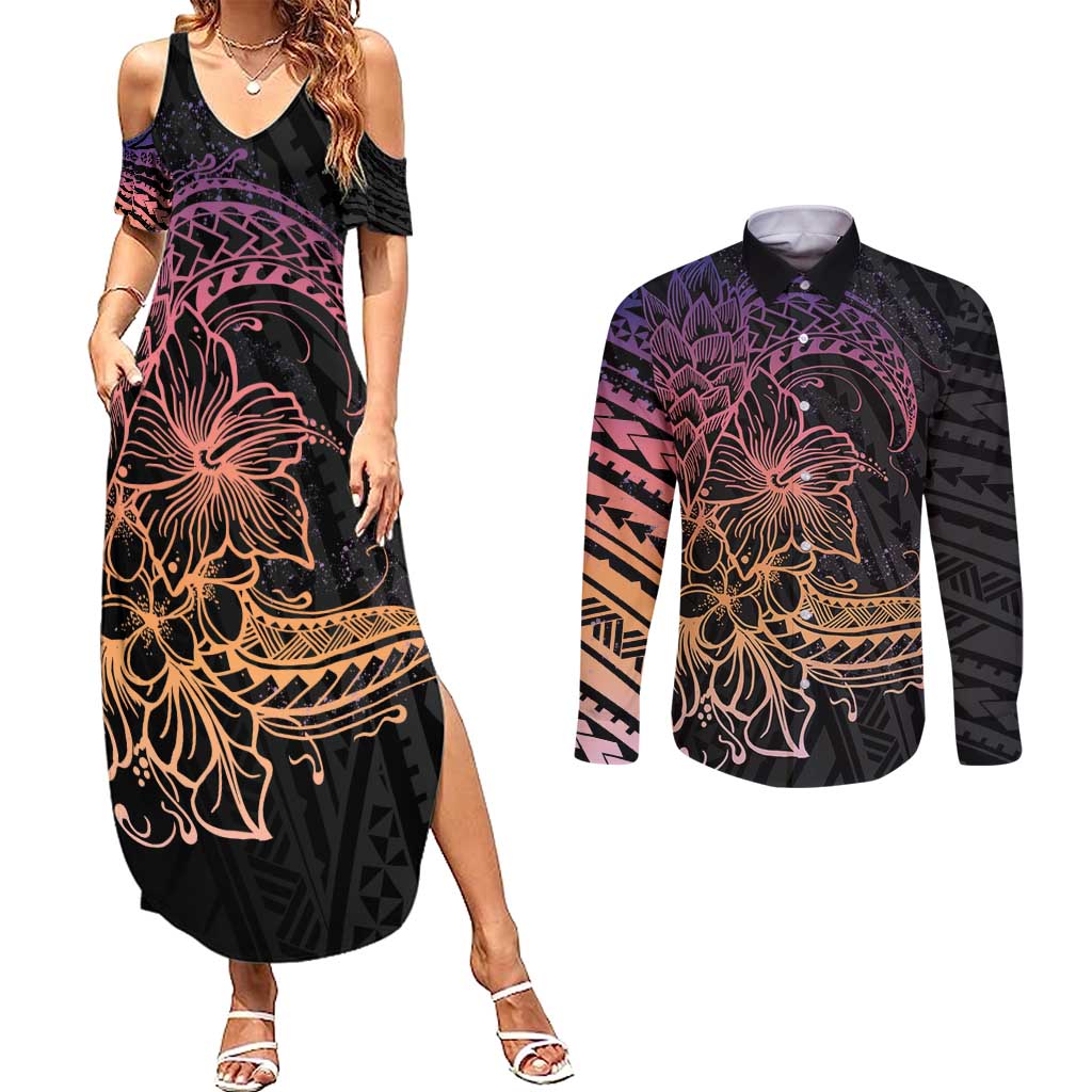 Floral Polynesian Hibiscus Tattoo Couples Matching Summer Maxi Dress and Long Sleeve Button Shirt Peach Gradient Style
