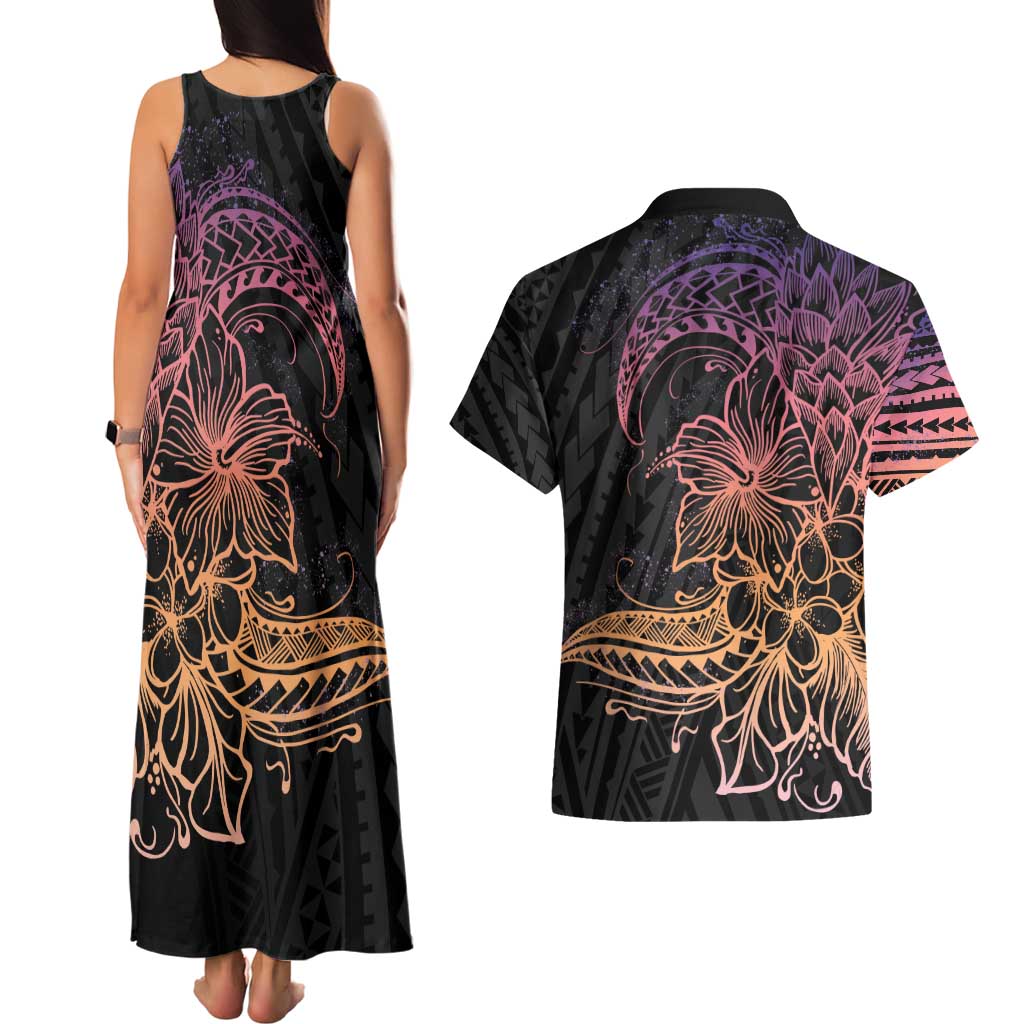 Floral Polynesian Hibiscus Tattoo Couples Matching Tank Maxi Dress and Hawaiian Shirt Peach Gradient Style