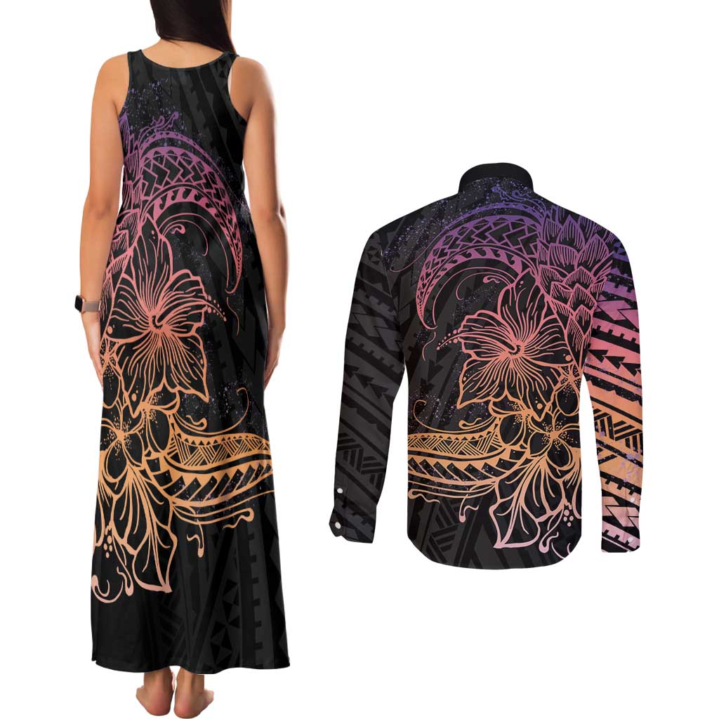 Floral Polynesian Hibiscus Tattoo Couples Matching Tank Maxi Dress and Long Sleeve Button Shirt Peach Gradient Style