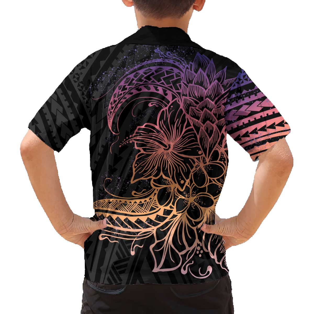 Floral Polynesian Hibiscus Tattoo Family Matching Puletasi and Hawaiian Shirt Peach Gradient Style