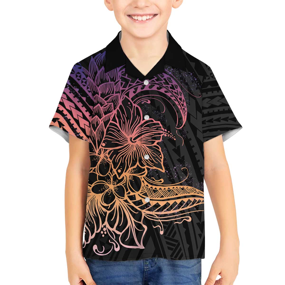 Floral Polynesian Hibiscus Tattoo Family Matching Puletasi and Hawaiian Shirt Peach Gradient Style