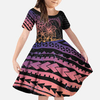 Floral Polynesian Hibiscus Tattoo Family Matching Short Sleeve Bodycon Dress and Hawaiian Shirt Peach Gradient Style LT9 Daughter's Dress Peach - Polynesian Pride