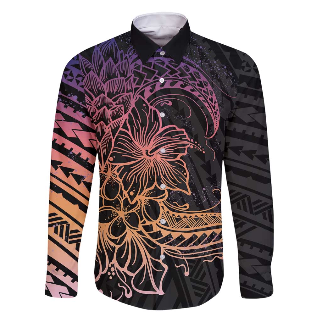 Floral Polynesian Hibiscus Tattoo Family Matching Tank Maxi Dress and Hawaiian Shirt Peach Gradient Style LT9 Dad's Shirt - Long Sleeve Peach - Polynesian Pride