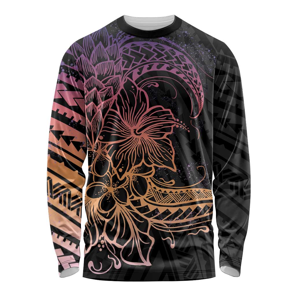 Floral Polynesian Hibiscus Tattoo Long Sleeve Shirt Peach Gradient Style LT9 Unisex Peach - Polynesian Pride