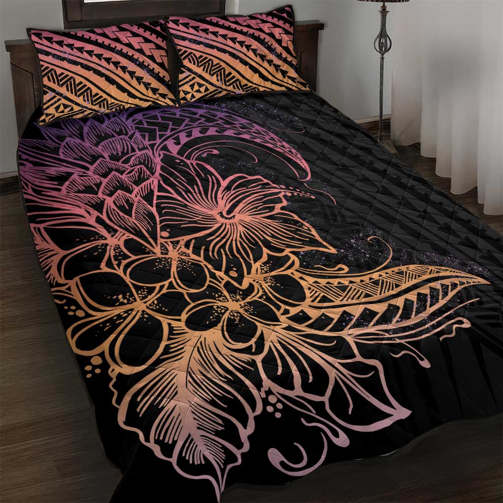 Floral Polynesian Hibiscus Tattoo Quilt Bed Set Peach Gradient Style