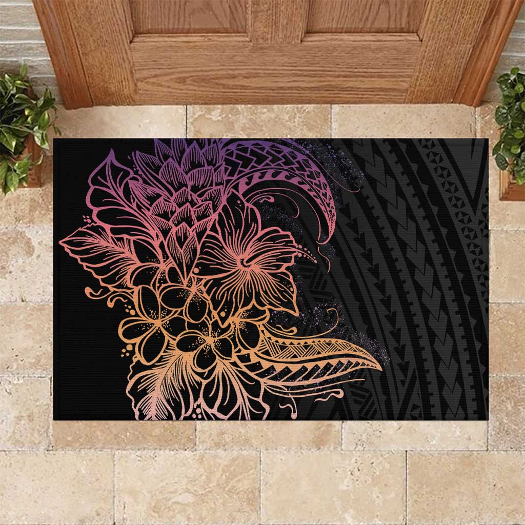 Floral Polynesian Hibiscus Tattoo Rubber Doormat Peach Gradient Style