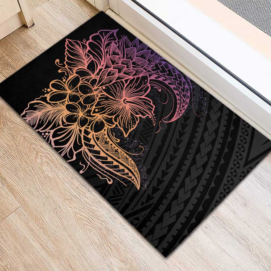 Floral Polynesian Hibiscus Tattoo Rubber Doormat Peach Gradient Style