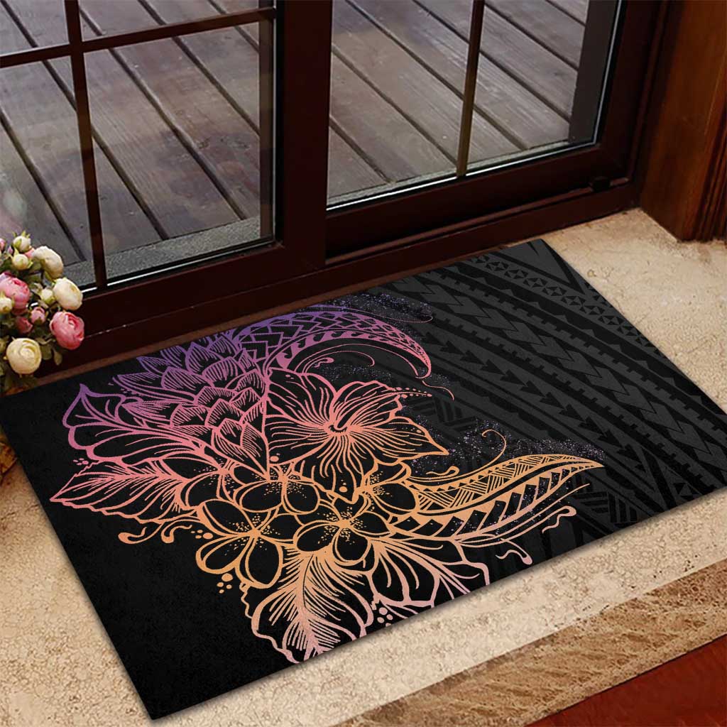 Floral Polynesian Hibiscus Tattoo Rubber Doormat Peach Gradient Style