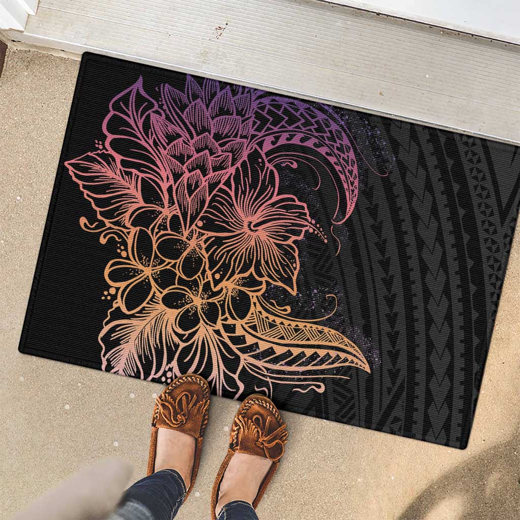 Floral Polynesian Hibiscus Tattoo Rubber Doormat Peach Gradient Style