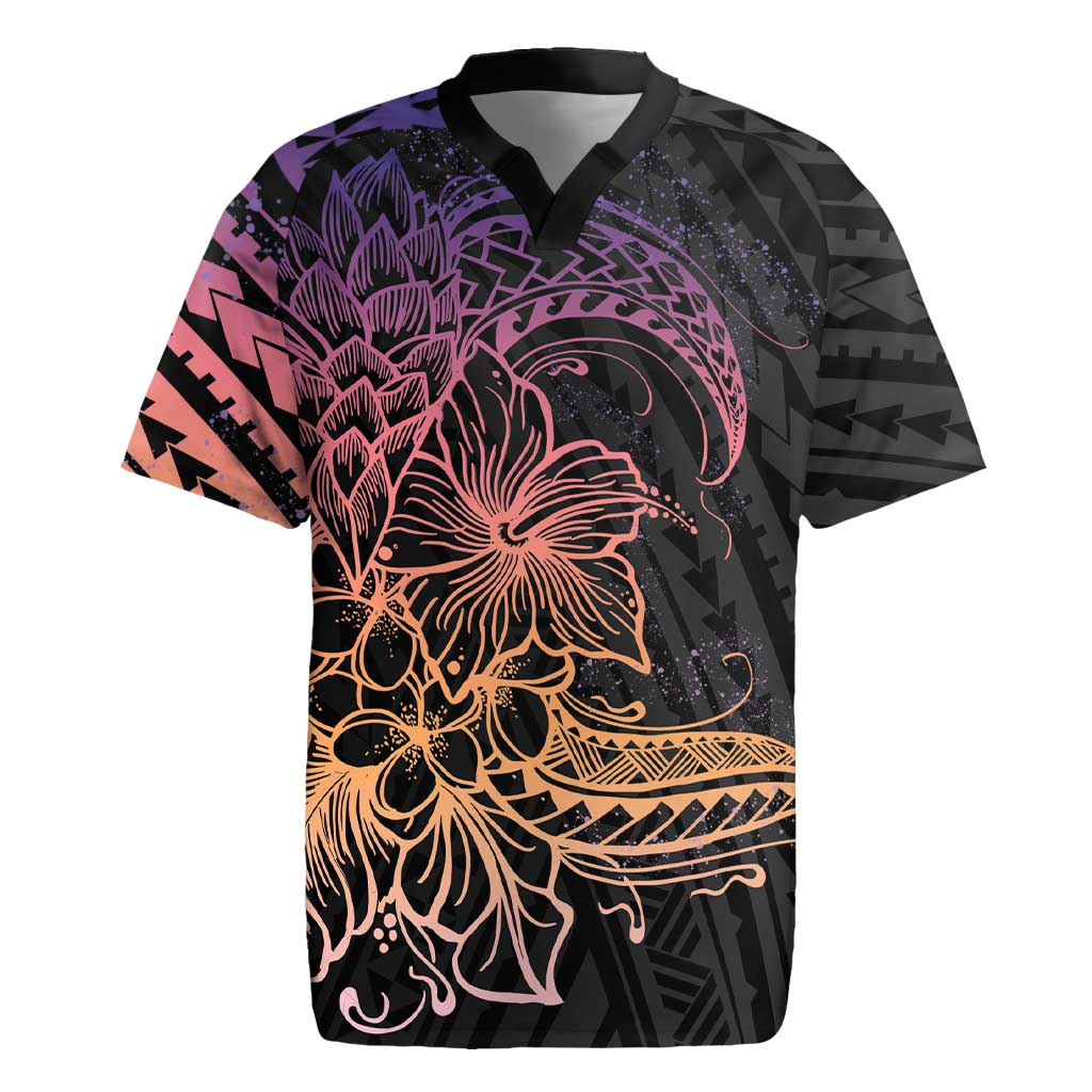 Floral Polynesian Hibiscus Tattoo Rugby Jersey Peach Gradient Style