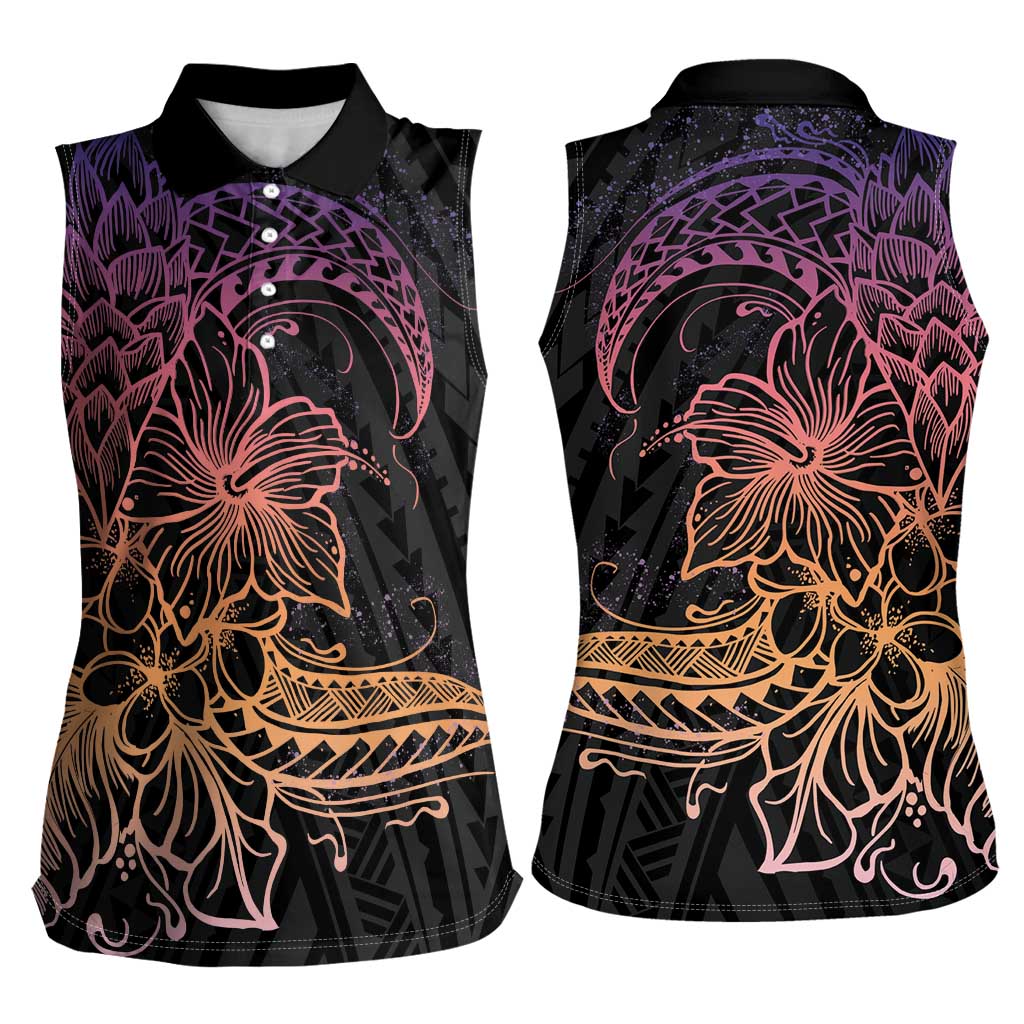 Floral Polynesian Hibiscus Tattoo Women Sleeveless Polo Shirt Peach Gradient Style