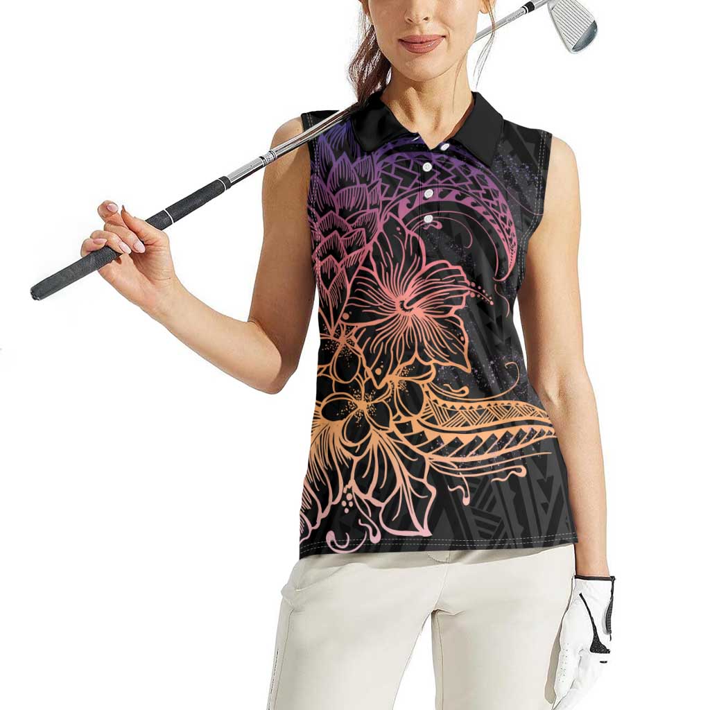 Floral Polynesian Hibiscus Tattoo Women Sleeveless Polo Shirt Peach Gradient Style