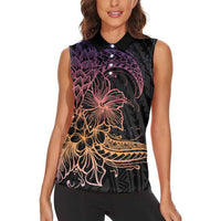 Floral Polynesian Hibiscus Tattoo Women Sleeveless Polo Shirt Peach Gradient Style