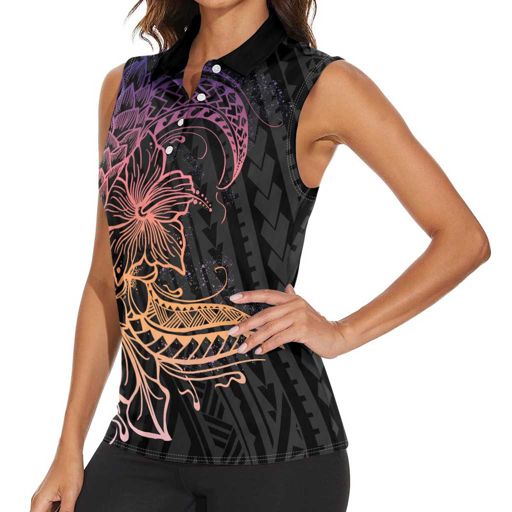 Floral Polynesian Hibiscus Tattoo Women Sleeveless Polo Shirt Peach Gradient Style