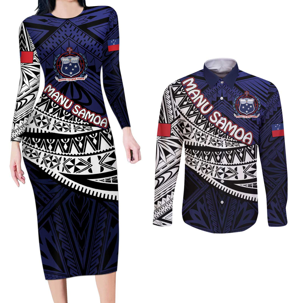 Custom Samoa Rugby Pacific Couples Matching Long Sleeve Bodycon Dress and Long Sleeve Button Shirt Samoan Warrior Tribal Pattern LT9 Blue - Polynesian Pride