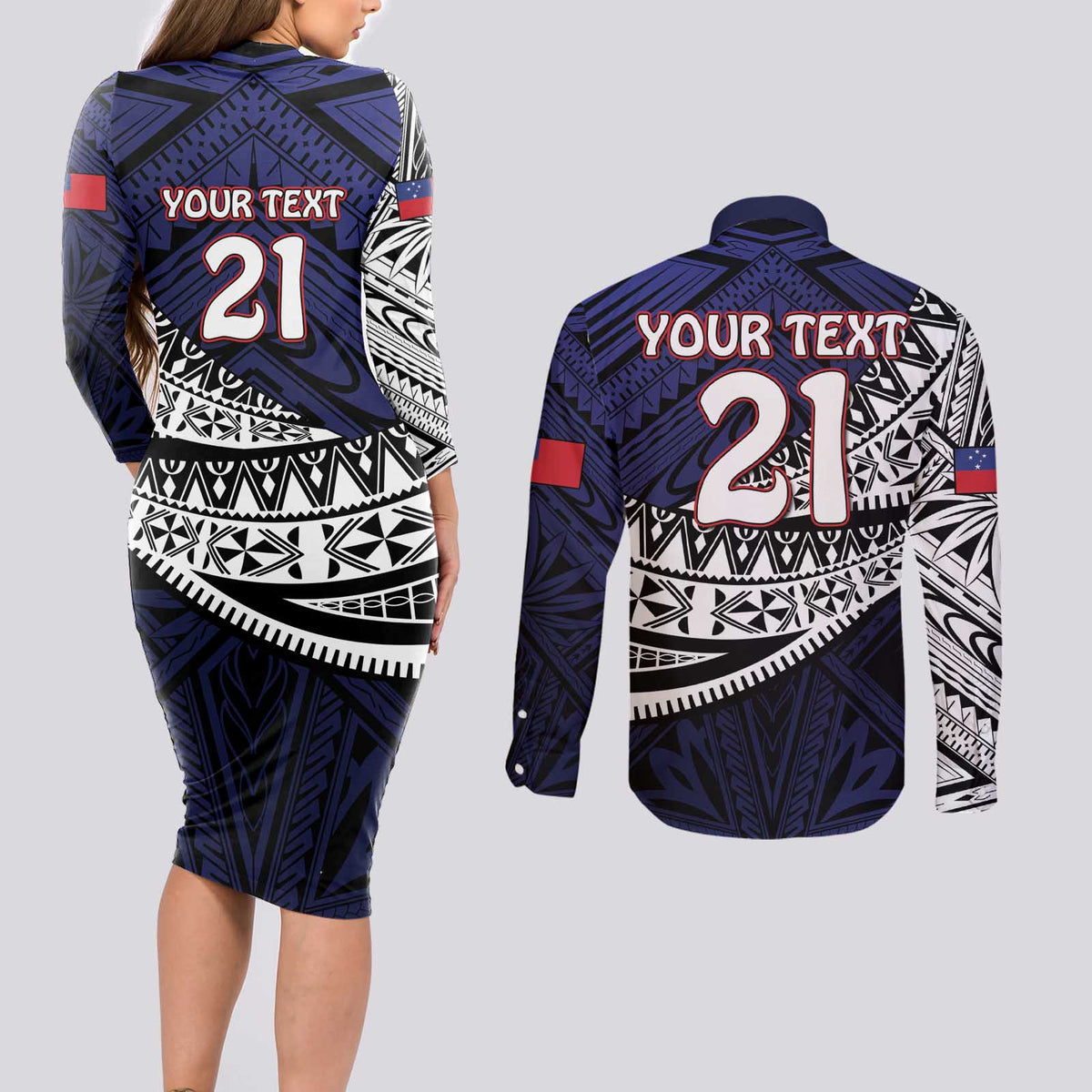 Custom Samoa Rugby Pacific Couples Matching Long Sleeve Bodycon Dress and Long Sleeve Button Shirt Samoan Warrior Tribal Pattern LT9 - Polynesian Pride