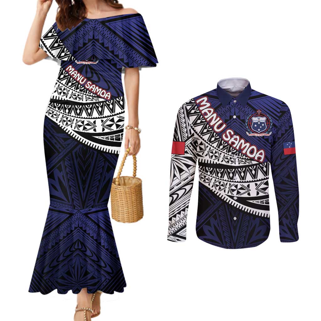 Custom Samoa Rugby Pacific Couples Matching Mermaid Dress and Long Sleeve Button Shirt Samoan Warrior Tribal Pattern LT9 Blue - Polynesian Pride