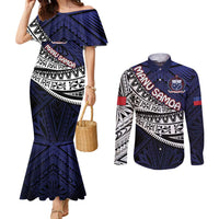 Custom Samoa Rugby Pacific Couples Matching Mermaid Dress and Long Sleeve Button Shirt Samoan Warrior Tribal Pattern LT9 Blue - Polynesian Pride