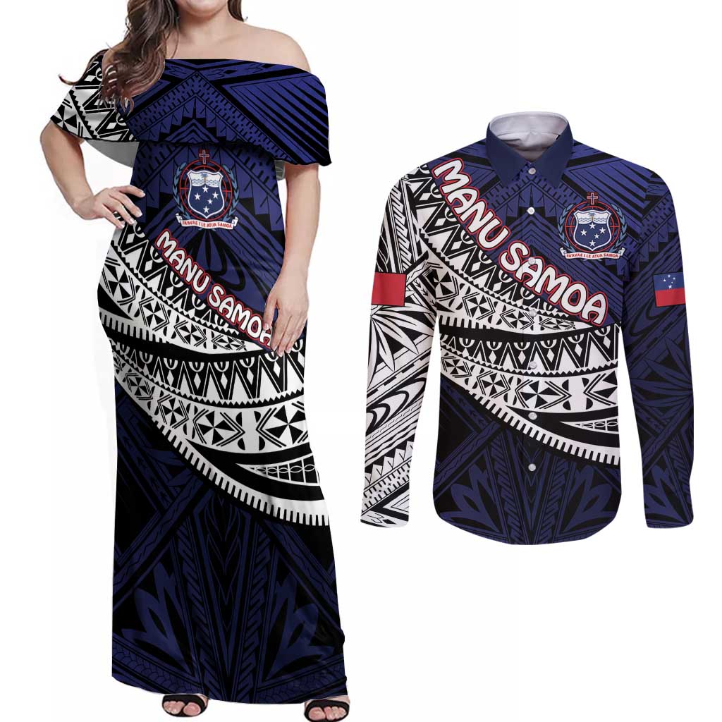 Custom Samoa Rugby Pacific Couples Matching Off Shoulder Maxi Dress and Long Sleeve Button Shirt Samoan Warrior Tribal Pattern LT9 Blue - Polynesian Pride