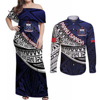 Custom Samoa Rugby Pacific Couples Matching Off Shoulder Maxi Dress and Long Sleeve Button Shirt Samoan Warrior Tribal Pattern LT9 Blue - Polynesian Pride