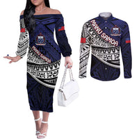 Custom Samoa Rugby Pacific Couples Matching Off The Shoulder Long Sleeve Dress and Long Sleeve Button Shirt Samoan Warrior Tribal Pattern LT9 Blue - Polynesian Pride