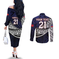 Custom Samoa Rugby Pacific Couples Matching Off The Shoulder Long Sleeve Dress and Long Sleeve Button Shirt Samoan Warrior Tribal Pattern LT9 - Polynesian Pride