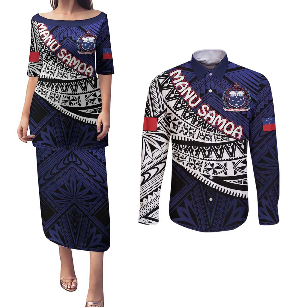 Custom Samoa Rugby Pacific Couples Matching Puletasi and Long Sleeve Button Shirt Samoan Warrior Tribal Pattern LT9 Blue - Polynesian Pride