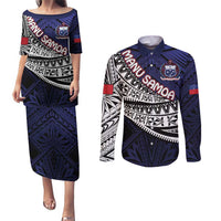 Custom Samoa Rugby Pacific Couples Matching Puletasi and Long Sleeve Button Shirt Samoan Warrior Tribal Pattern LT9 Blue - Polynesian Pride