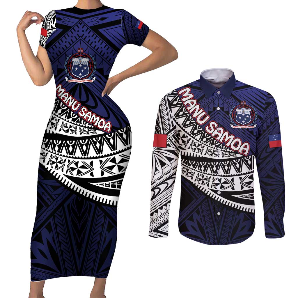 Custom Samoa Rugby Pacific Couples Matching Short Sleeve Bodycon Dress and Long Sleeve Button Shirt Samoan Warrior Tribal Pattern LT9 Blue - Polynesian Pride