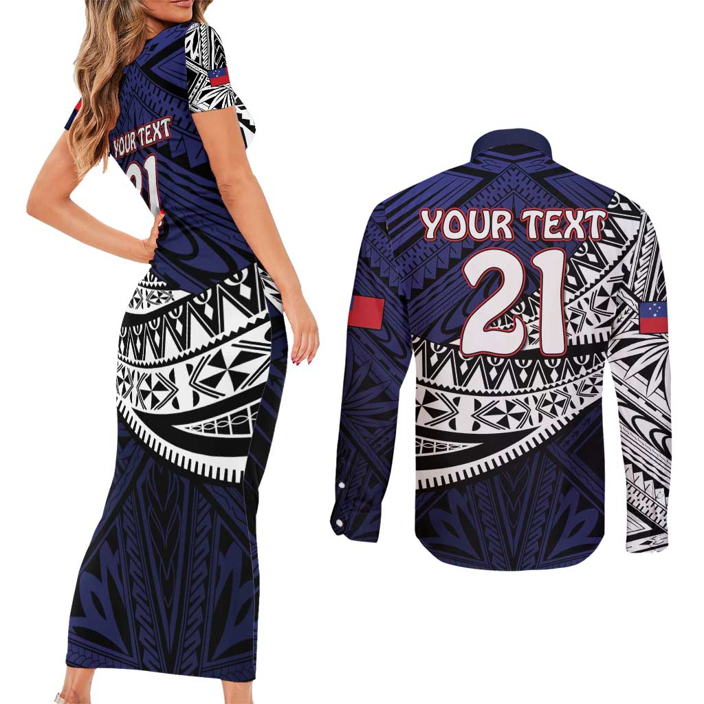 Custom Samoa Rugby Pacific Couples Matching Short Sleeve Bodycon Dress and Long Sleeve Button Shirt Samoan Warrior Tribal Pattern LT9 - Polynesian Pride