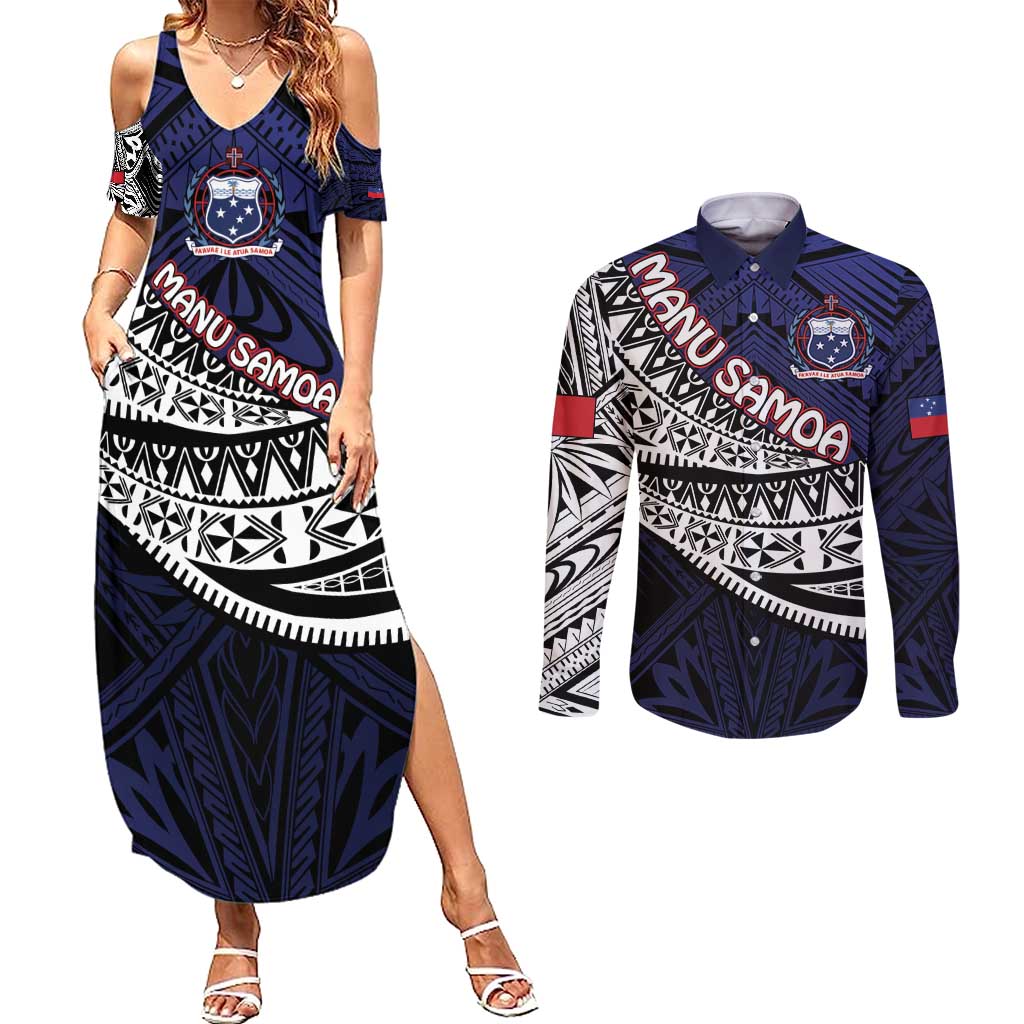 Custom Samoa Rugby Pacific Couples Matching Summer Maxi Dress and Long Sleeve Button Shirt Samoan Warrior Tribal Pattern LT9 Blue - Polynesian Pride