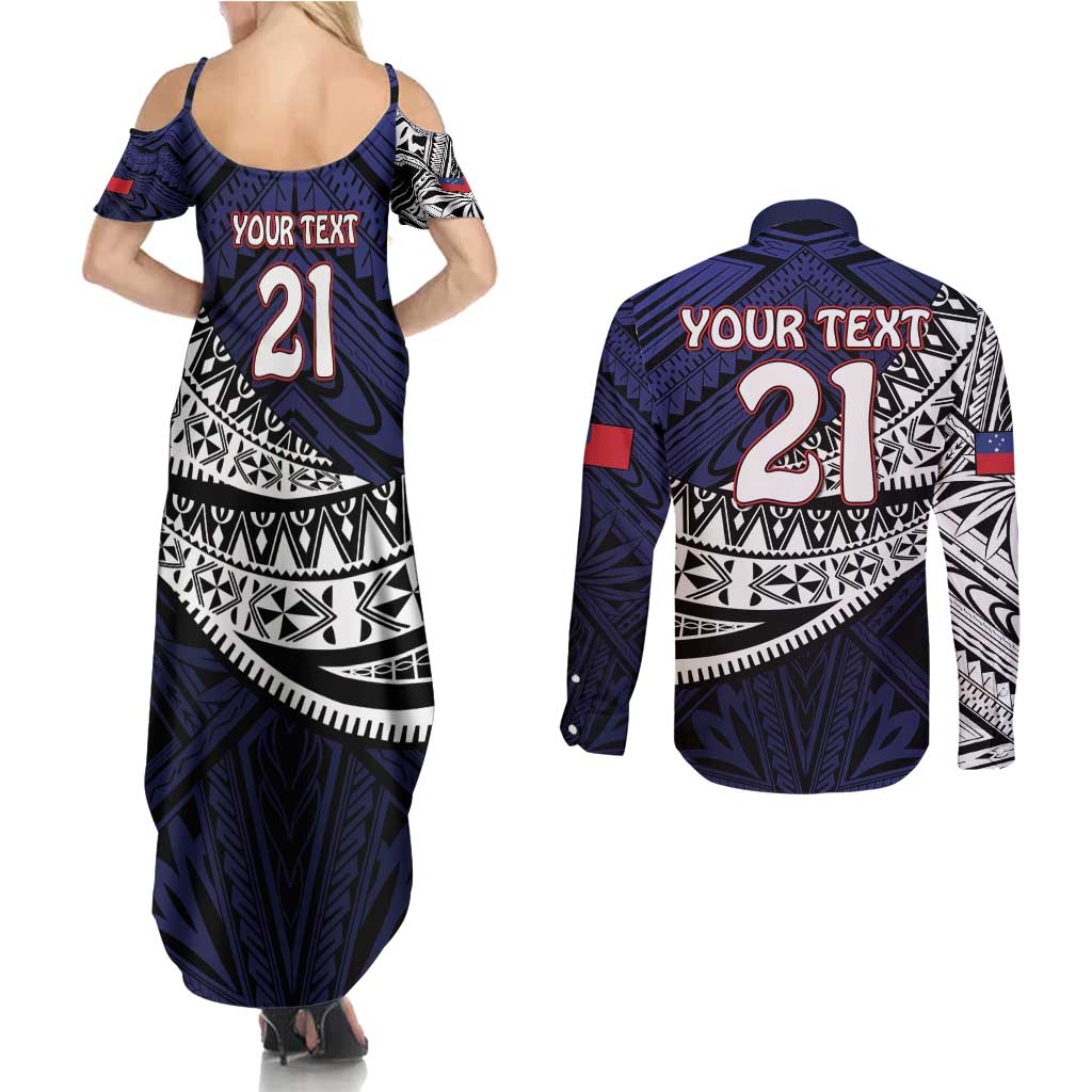 Custom Samoa Rugby Pacific Couples Matching Summer Maxi Dress and Long Sleeve Button Shirt Samoan Warrior Tribal Pattern LT9 - Polynesian Pride