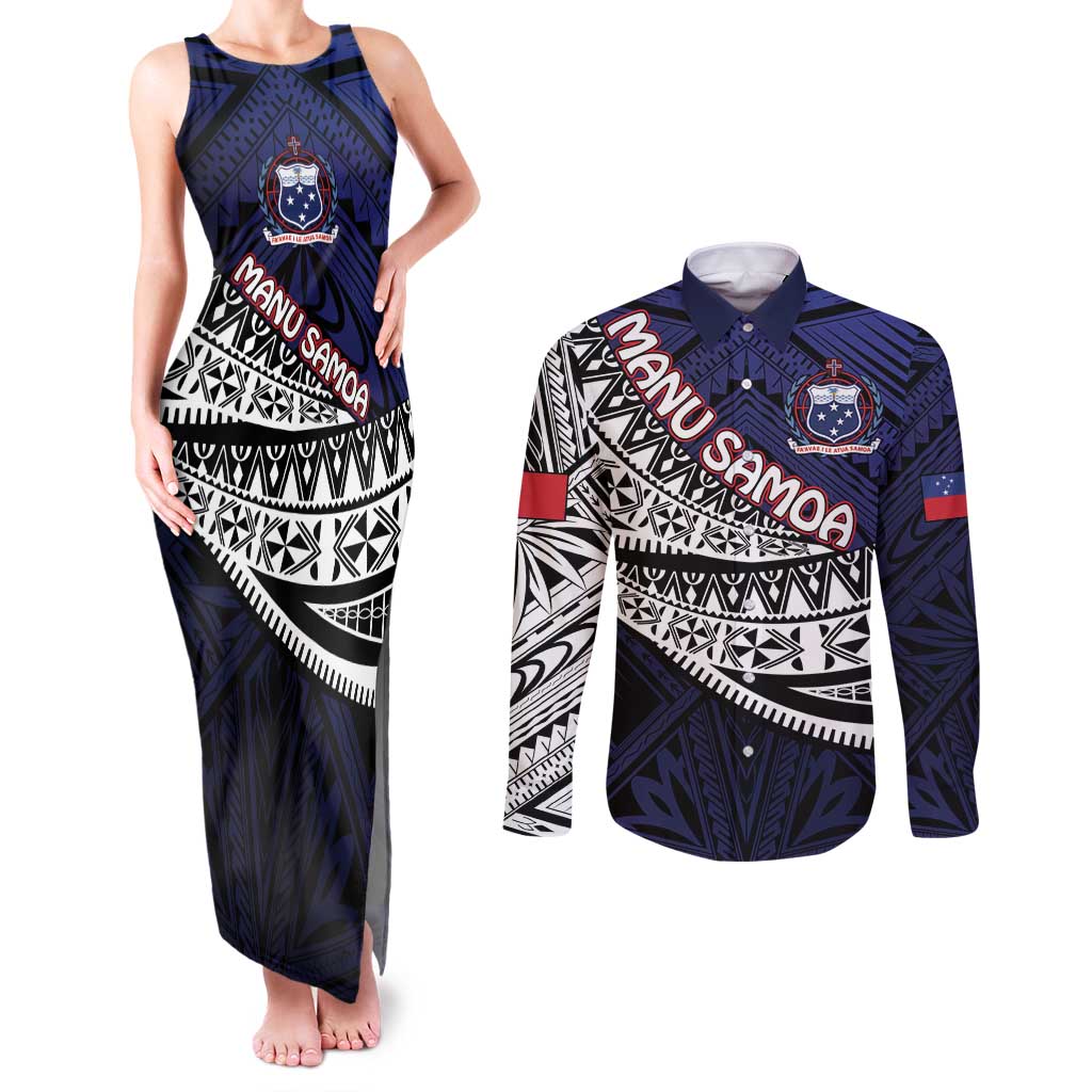 Custom Samoa Rugby Pacific Couples Matching Tank Maxi Dress and Long Sleeve Button Shirt Samoan Warrior Tribal Pattern LT9 Blue - Polynesian Pride