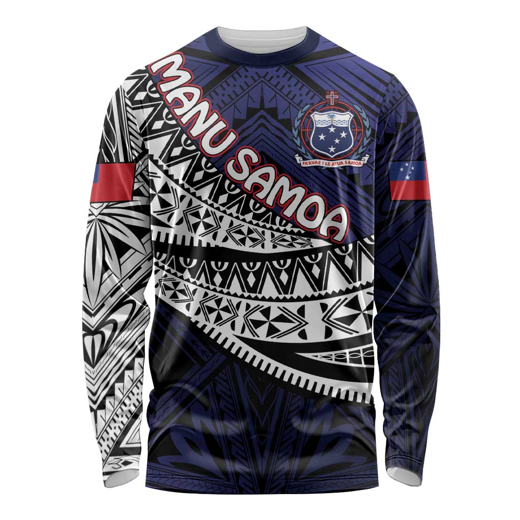 Custom Samoa Rugby Pacific Long Sleeve Shirt Samoan Warrior Tribal Pattern LT9 Unisex Blue - Polynesian Pride