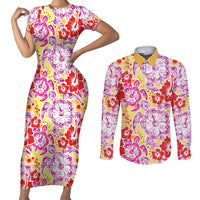 Palaka with Honu and Hibiscus Couples Matching Short Sleeve Bodycon Dress and Long Sleeve Button Shirt Hawaiian Heritage Spirit - Polynesian Pride