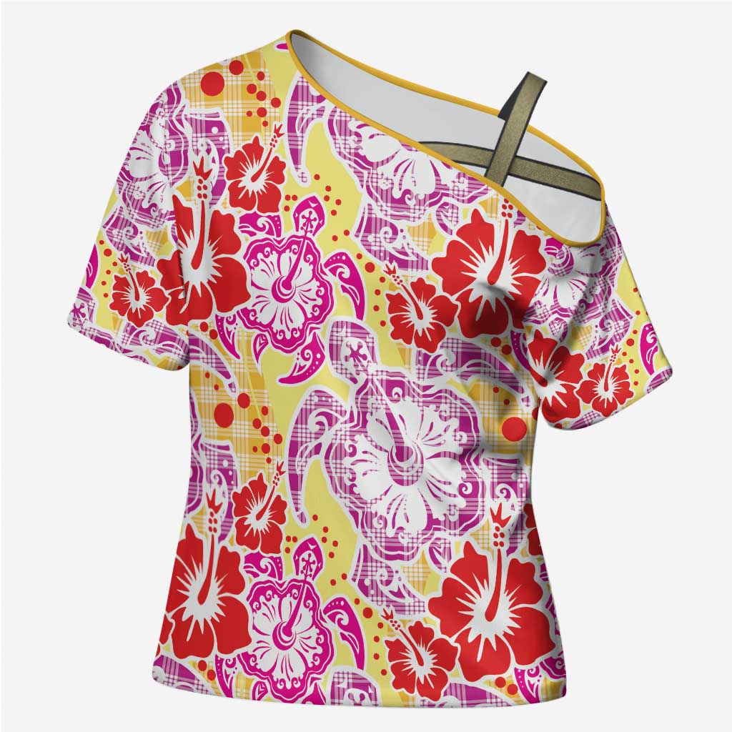 Palaka with Honu and Hibiscus Cross Shoulder Shirt Hawaiian Heritage Spirit LT9 Female Red - Polynesian Pride