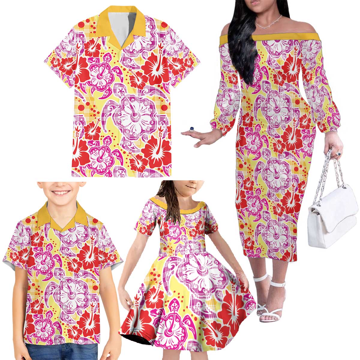 Palaka with Honu and Hibiscus Family Matching Off The Shoulder Long Sleeve Dress and Hawaiian Shirt Hawaiian Heritage Spirit - Polynesian Pride