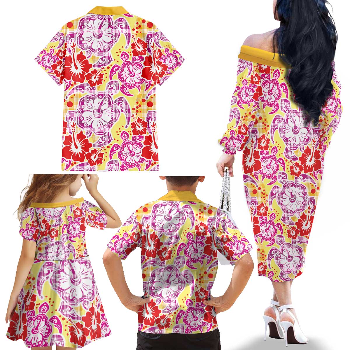 Palaka with Honu and Hibiscus Family Matching Off The Shoulder Long Sleeve Dress and Hawaiian Shirt Hawaiian Heritage Spirit - Polynesian Pride