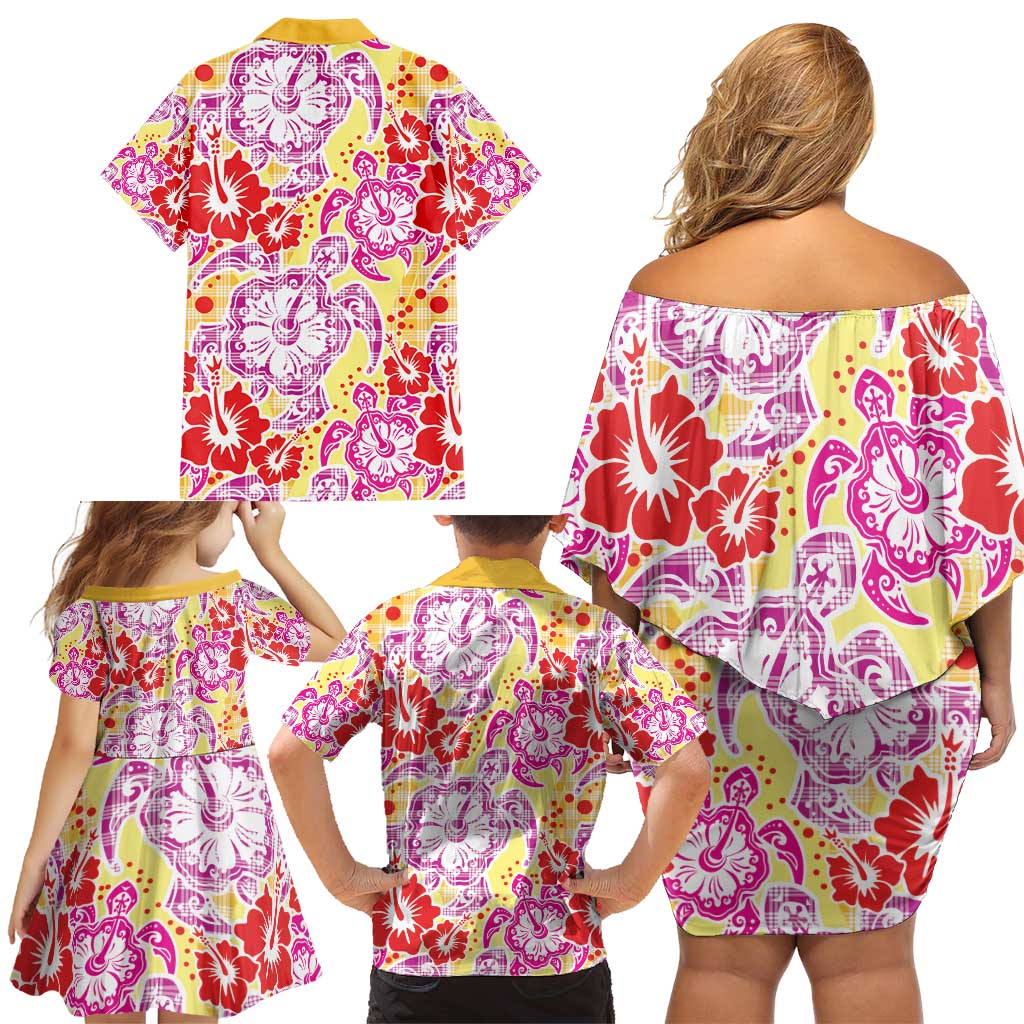 Palaka with Honu and Hibiscus Family Matching Off Shoulder Short Dress and Hawaiian Shirt Hawaiian Heritage Spirit - Polynesian Pride