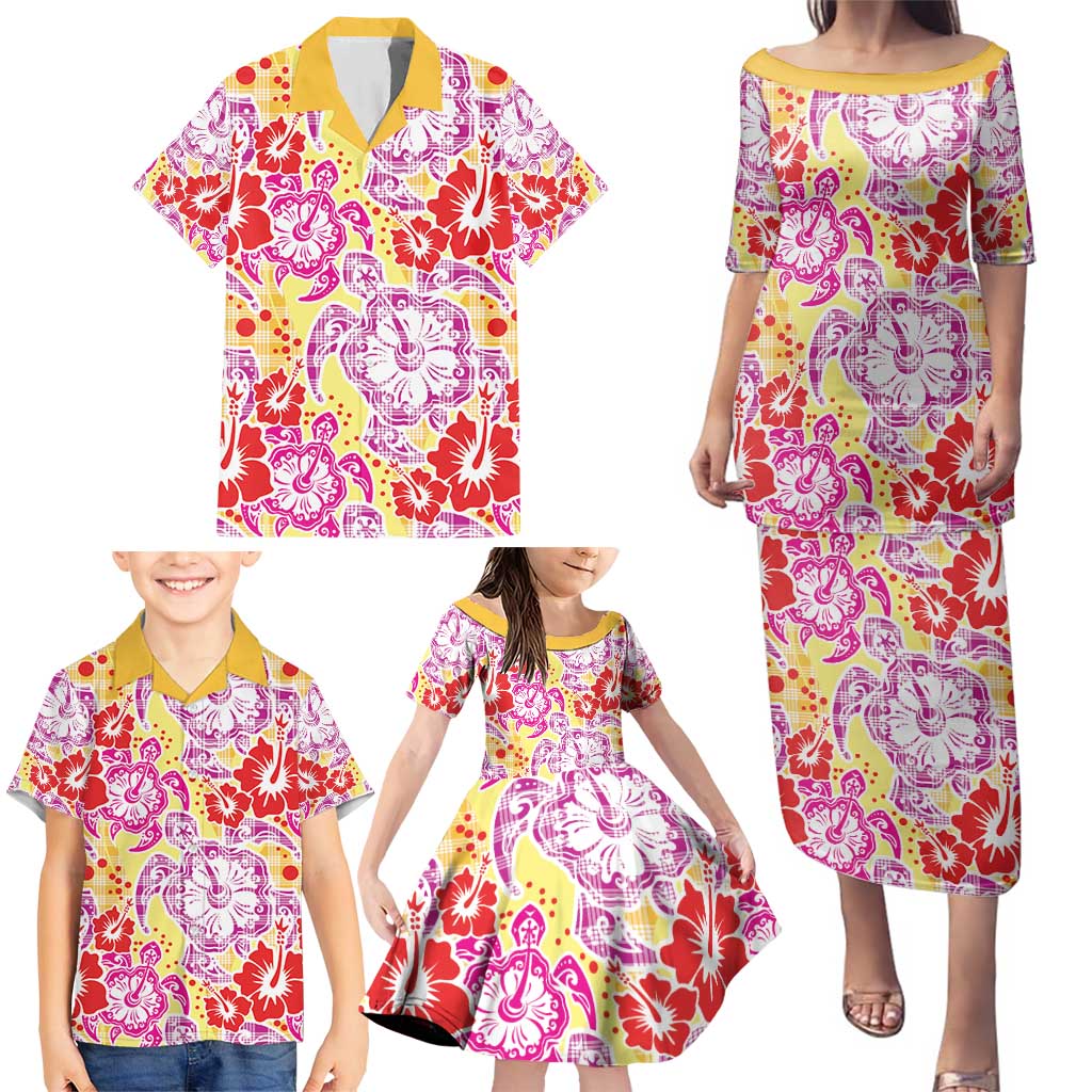 Palaka with Honu and Hibiscus Family Matching Puletasi and Hawaiian Shirt Hawaiian Heritage Spirit - Polynesian Pride